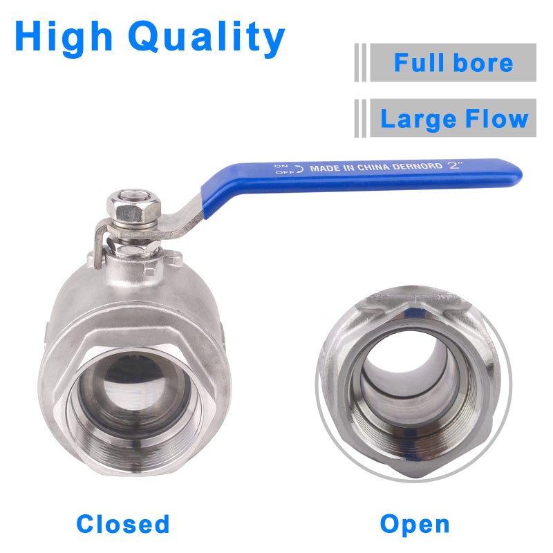 DERNORD Full Port Ball Valve Stainless Steel 304 Heavy Duty for Water, Oil, and Gas with Blue Locking Handles (2" NPT) - Image 4